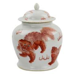 Vase en porcelaine chinoise, peint rouge fer surglaçure chien Fo. Peut-être période Kangxi.