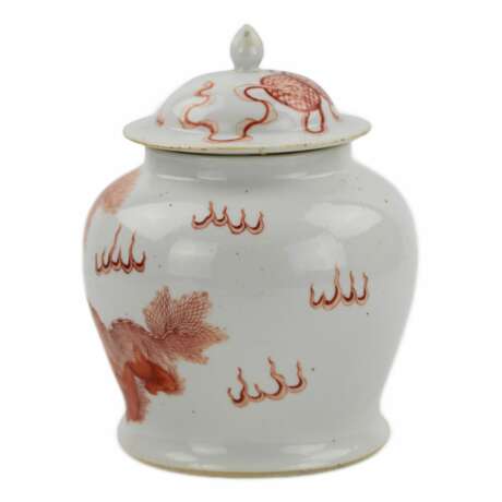 Vase en porcelaine chinoise, peint rouge fer surglaçure chien Fo. Peut-être période Kangxi. - photo 2