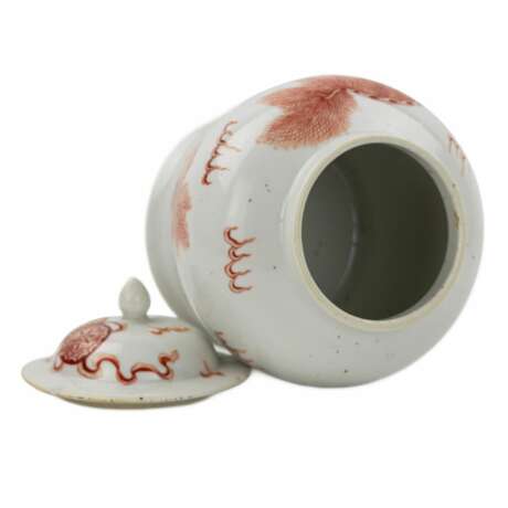 Vase en porcelaine chinoise, peint rouge fer surglaçure chien Fo. Peut-être période Kangxi. - photo 5
