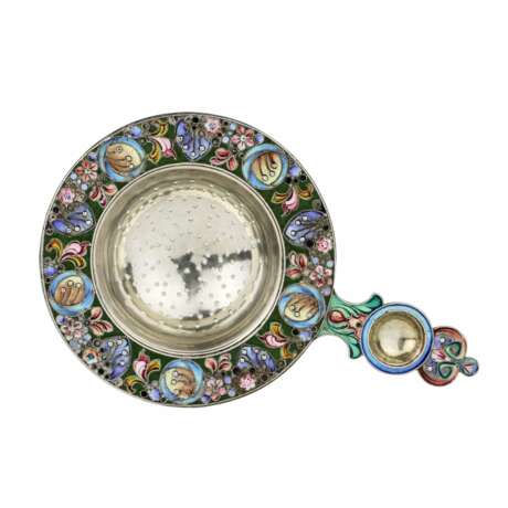 Russian silver tea strainer, with enamel decor, in the spirit of Russian Art Nouveau. - photo 1