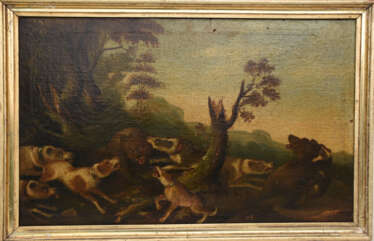 UNBEKANNTER KÜNSTLER, "Bären Treibjagd", Öl auf Leinwand, 19. Jahrhundert