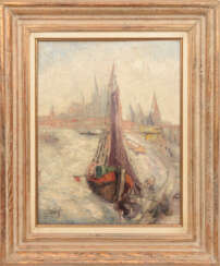 UNBEKANNTER KÜNSTLER, Fischerboot im Hafen, Öl auf Platte, wohl Frankreich Anfang 20. Jahrhundert