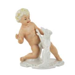 Porcelain figurine of Putti playing with a dog. Germany.