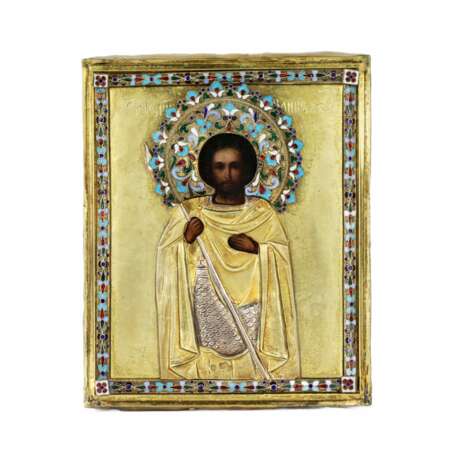 Московская икона в золоченом серебре с эмалями. Иоанн Воин. 1899-1908г. - фото 1