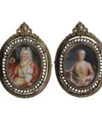 Miniatures. Paire de portraits miniatures Louis XV et Marquise de Pompadour