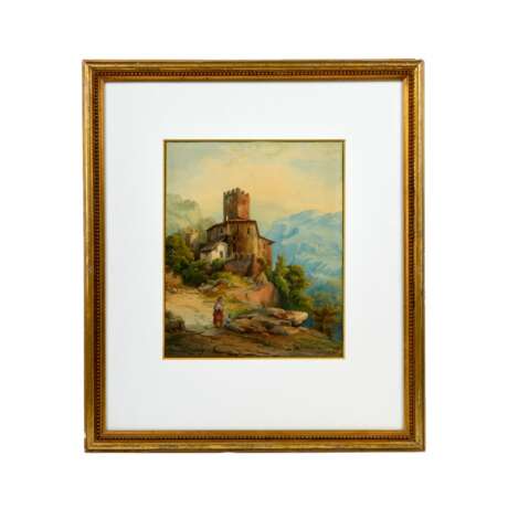 Watercolor. Italian look. Landscape in the mountains. - photo 1