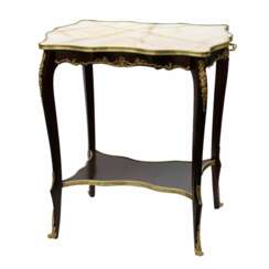 Serving table mahogany, gilded bronze with a marble top of the turn of the 19th and 20th centuries.