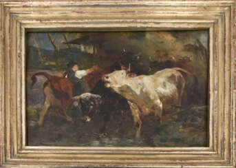 ANTON BRAITH, "Kühe auf dem Weg zur Tränke", Öl auf Holzplatte, gerahmt, signiert und datiert
