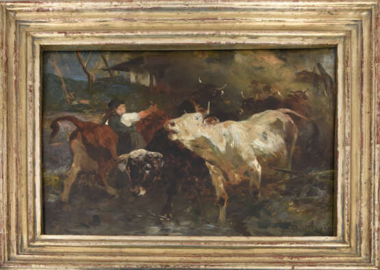 ANTON BRAITH, "Kühe auf dem Weg zur Tränke", Öl auf Holzplatte, gerahmt, signiert und datiert - фото 1