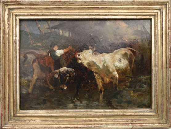 ANTON BRAITH, "Kühe auf dem Weg zur Tränke", Öl auf Holzplatte, gerahmt, signiert und datiert - Foto 4