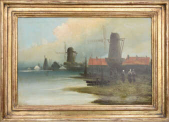 UNBEKANNTER KÜNSTLER, "Windmühlen am Strand", Öl auf Leinwand, gerahmt, 19./20. Jahrhundert