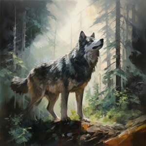 Волк в лесу картина маслом