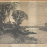 UNBEKANNTER KÜNSTLER,"Kuh am Flussufer", Radierung, gerahmt und signiert, 19. Jahrhundert - photo 1