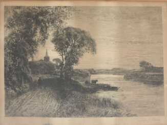 UNBEKANNTER KÜNSTLER,"Kuh am Flussufer", Radierung, gerahmt und signiert, 19. Jahrhundert