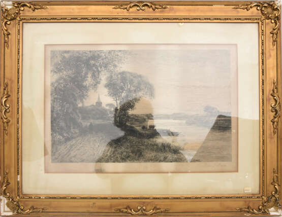 UNBEKANNTER KÜNSTLER,"Kuh am Flussufer", Radierung, gerahmt und signiert, 19. Jahrhundert - photo 5