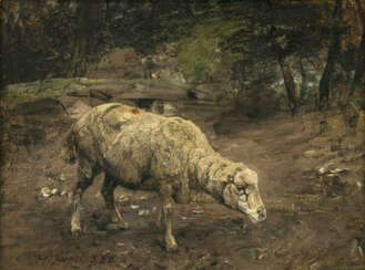 Heinrich von Zügel. Pasturing sheep in landscape. 1880