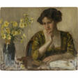 Robert Knoebel. Nachdenkliche junge Frau mit Blumenvase mit Margeriten - Auktionsware