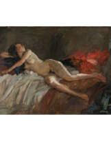 Hermann Groeber. Liegender weiblicher Akt mit rotem Tuch