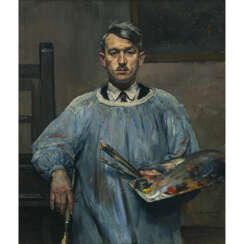 Thomas Baumgartner. Self-portrait in painters smock, leaning on an easel. 1932