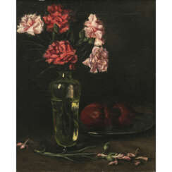 Roman Feldmeyer. Still life with carnations in a flower vase and a pewter plate with two apples. 1924