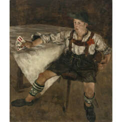 Paul Mathias Padua. Junger Bursch in Lederhose mit Spielkarten. 1927
