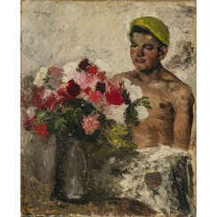 Paul Mathias Padua. Junger Mann mit gelber Mütze vor Blumenstrauß