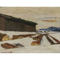 Karl Meisenbach. Winter landscape with hut in the sunset. 1936