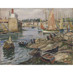 Unbekannt. Harbor scene with nuns and sailing boats. 1928