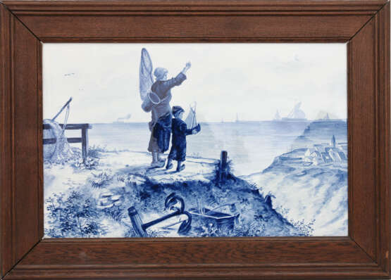 VILLEROY&BOCH METTLACH, Porzellan Bildplatte "Fischer", kobaltblau bemalt, gerahmt - Foto 1
