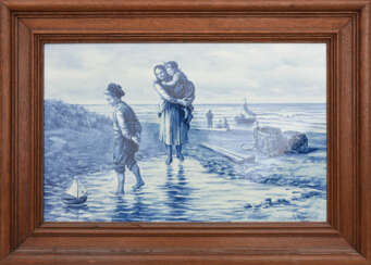 VILLEROY&BOCH METTLACH, Porzellan Bildplatte "Fischerfamilie", kobaltblau bemalt, gerahmt, um 1900