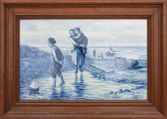 VILLEROY&BOCH METTLACH, Porzellan Bildplatte "Fischerfamilie", kobaltblau bemalt, gerahmt, um 1900 - Foto 1