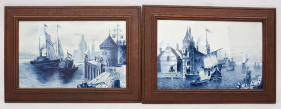 VILLEROY&BOCH METTLACH, Zwei Bildplatten "Hafenstädte", kobaltblau bemalt, gerahmt, um 1900 - Foto 1