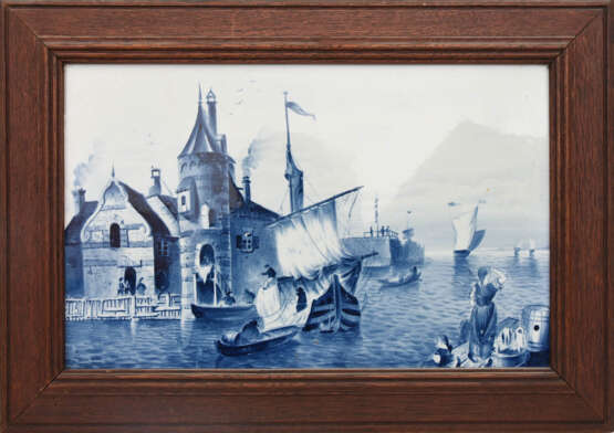 VILLEROY&BOCH METTLACH, Zwei Bildplatten "Hafenstädte", kobaltblau bemalt, gerahmt, um 1900 - Foto 3