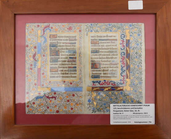 MITTELALTERLICHE HANDSCHRIFT PSALM 123, beschriebenes und bemaltes Pergament, hinter Glas, 16. Jahrhundert - photo 3