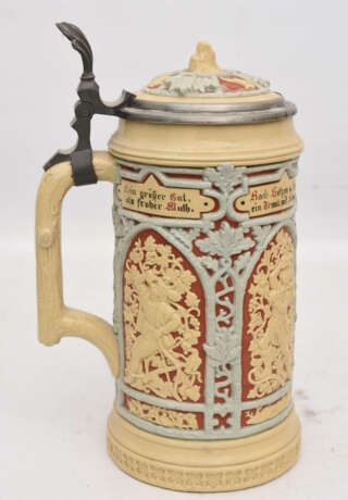 VILLEROY & BOCH METTLACH, BIERKRUG MIT 6 TRINKKRÜGEN, bemalte glasierte Keramik, gemarkt, um 1900 - photo 3