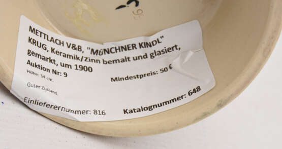 METTLACH V&B, "MÜNCHNER KINDL" KRUG, Keramik/Zinn bemalt und glasiert, gemarkt, um 1900 - Foto 7