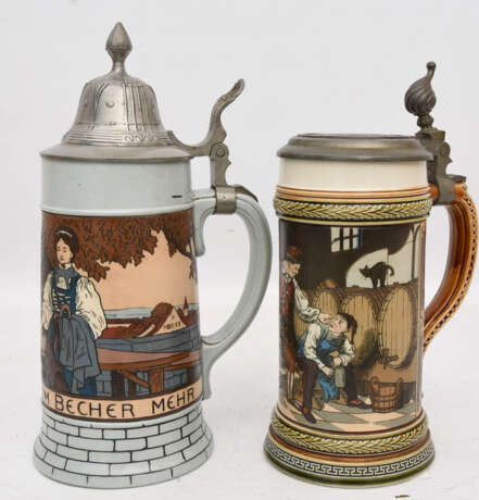 METTTLACH V&B, ZWEI BIERKRÜGE MIT DECKEL, Keramik/Zinn bemalt, glasiert, gemarkt, um 1900 - фото 1