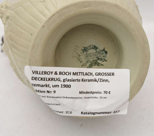 VILLEROY & BOCH METTLACH, GROSSER DECKELKRUG, glasierte Keramik/Zinn, gemarkt, um 1900 - Foto 6