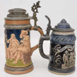 ZWEI DECKELKRÜGE FÜR BIER, bemalte glasierte Keramik, Zinn teils graviert, gemarkt, um 1900 - фото 3