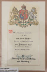 GLÜCKWUNSCHTELEGRAMME "DIAMANTHOCHZEIT VON WILHELM II. UND HERZOG ZU BRAUNSCHWEIG, handsigniert, 1929