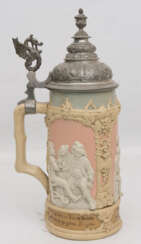 VILLEROY & BOCH METTLACH, BIERKRUG MIT FEIERNDEN, bemaltes Steingut/Zinn, gemarkt, um 1900