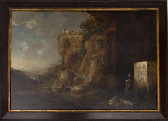 PETRUS VAN HATTICH, "Landschaft mit Grotte und Grabmal", Öl auf Holz, gerahmt, 17. Jahrhundert - Foto 1