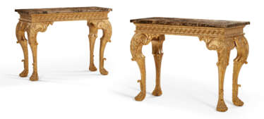 A PAIR OF GEORGE II STYLE GILTWOOD SIDE TABLES WITH MARBLE TOPS