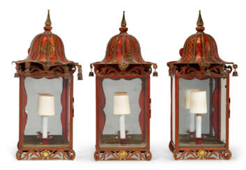 A SET OF FIVE REGENCY STYLE RED AND GILT JAPANNED TOLE LANTERNS