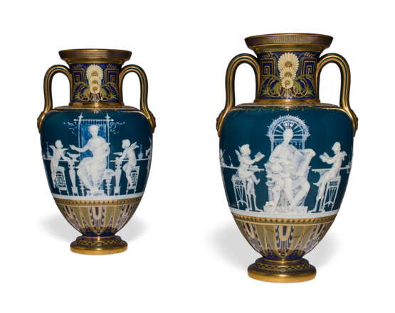 A PAIR OF MINTONS PATE-SUR-PATE PEACOCK BLUE VASES, 'LE DINNER ET L'ECOLE' - photo 1