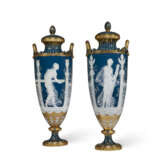 A PAIR OF MINTONS PATE-SUR-PATE PEACOCK BLUE VASES AND COVERS - photo 1