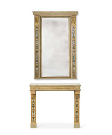 A NORTH ITALIAN POLYCHROME-DECORATED, CREAM-PAINTED AND PARCEL-GILT MIRROR AND A MATCHING FIREPLACE SURROUND - Foto 1