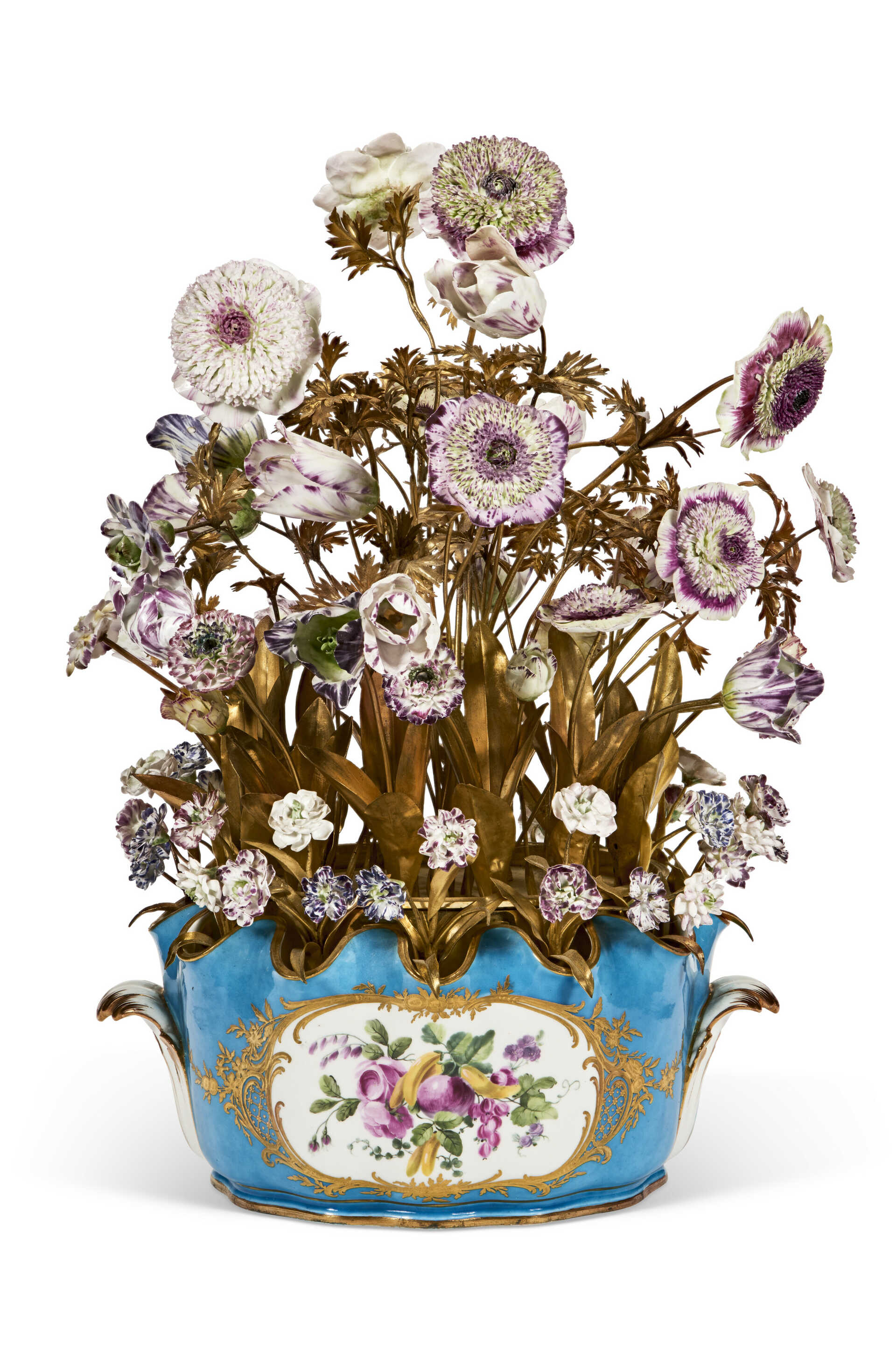 AN ORMOLU-MOUNTED SEVRES PORCELAIN 'BLEU CELESTE' MONTEITH FLORAL CENTERPIECE (SEAU CRENELLE A FLEURS)