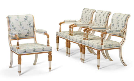 A SET OF FOUR GEORGE III CREAM-PAINTED AND PARCEL-GILT ARMCHAIRS - фото 1