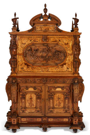 A LARGE RENAISSANCE REVIVAL CARVED OAK, WALNUT AND STAINED FRUITWOOD MARQUETRY SECRETAIRE - photo 1